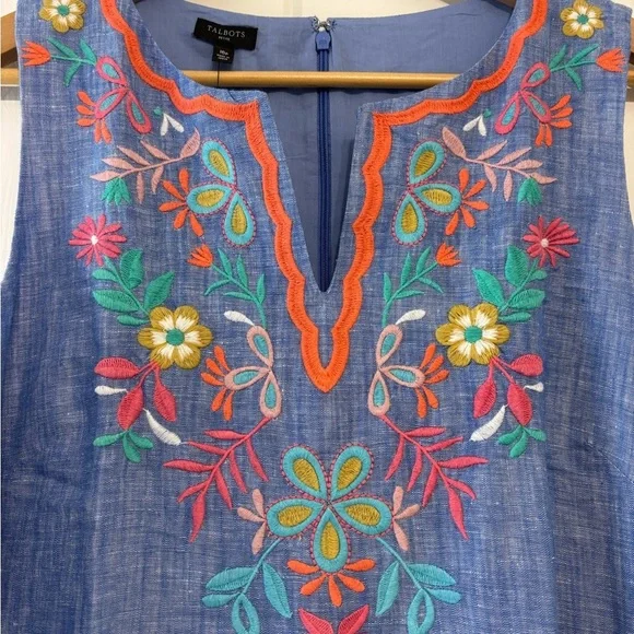 Talbots Linen Blend Embroidered Floral Blue Chambray Sleeveless Shift Dress 16P - Picture 5 of 9
